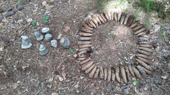 Ein Kranz aus Tannzapfen und Steinen auf dem Waldboden