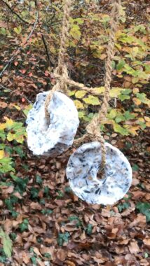 Zwei Eisscheiben hängen an Schnüren vor dem Herbstlaub