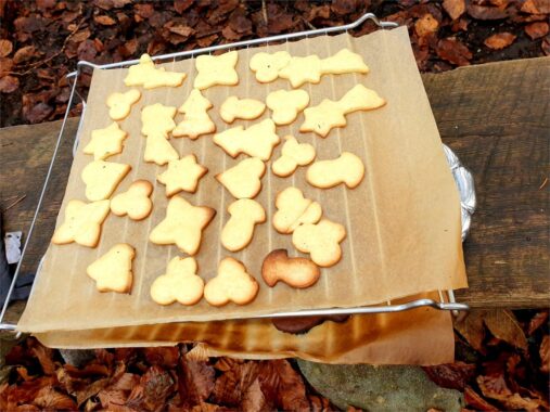 Ausgestochene Guetzli auf einem Blech im Laub